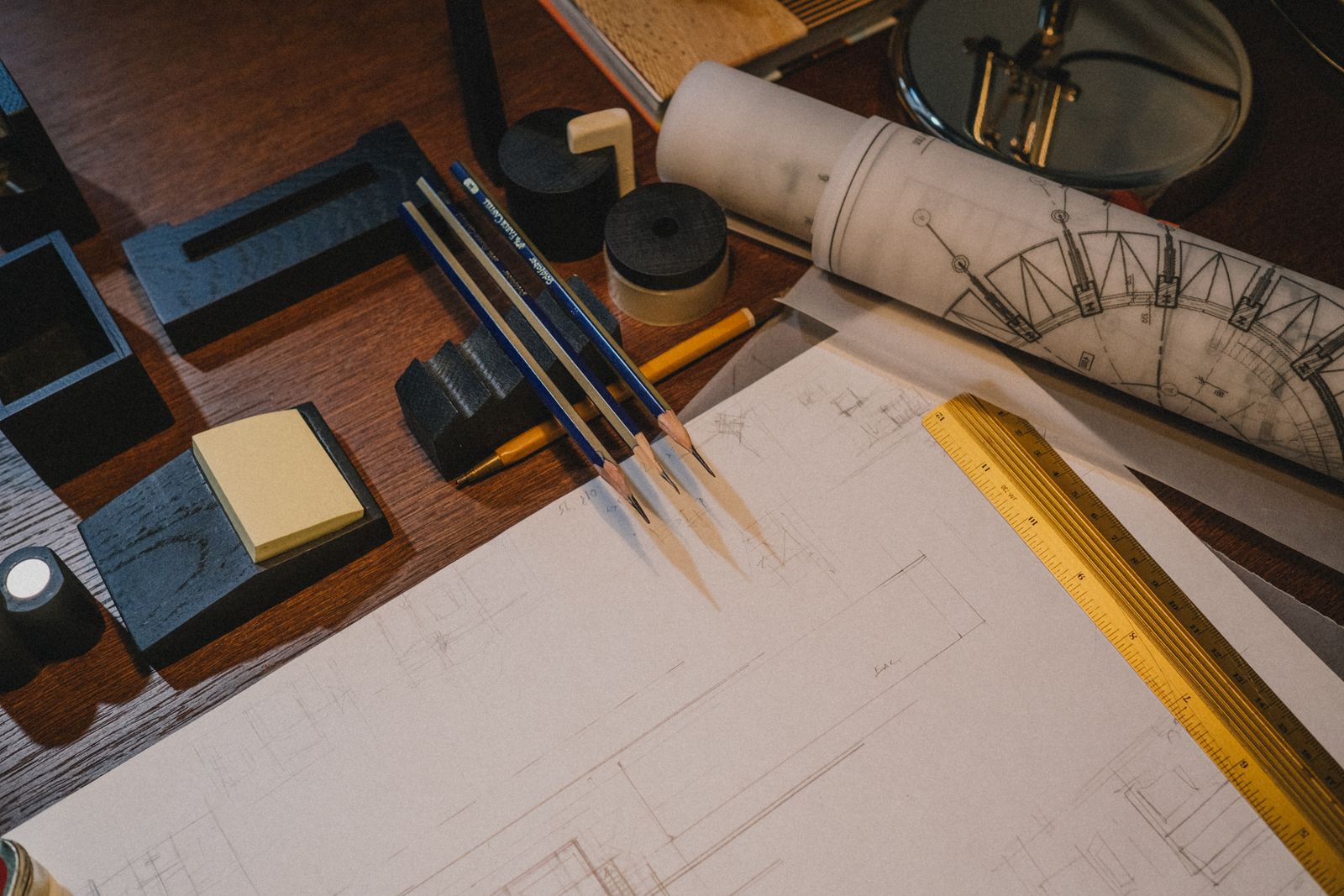 Printed residential permit plan set with drafting tools